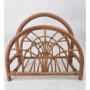 Vtg MCM Boho Bamboo Magazine Rack Bentwood Wicker Cane Holder Newspaper Caddy